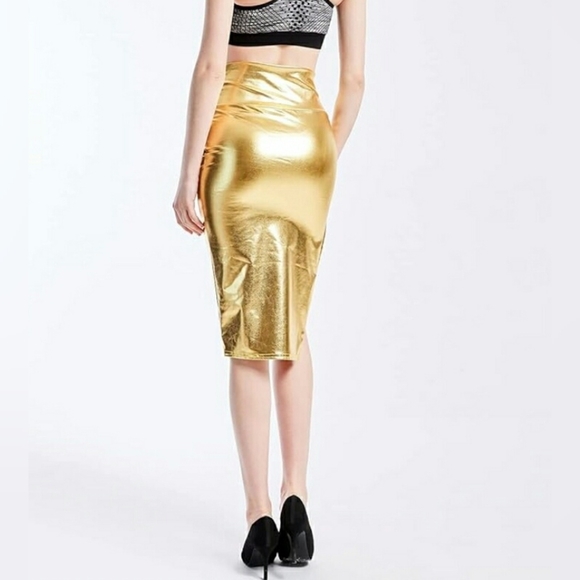 NEW Hybrid & Company Metallic Gold Wet Look High Waist Stretchy Bodycon Skirt - Picture 3 of 12